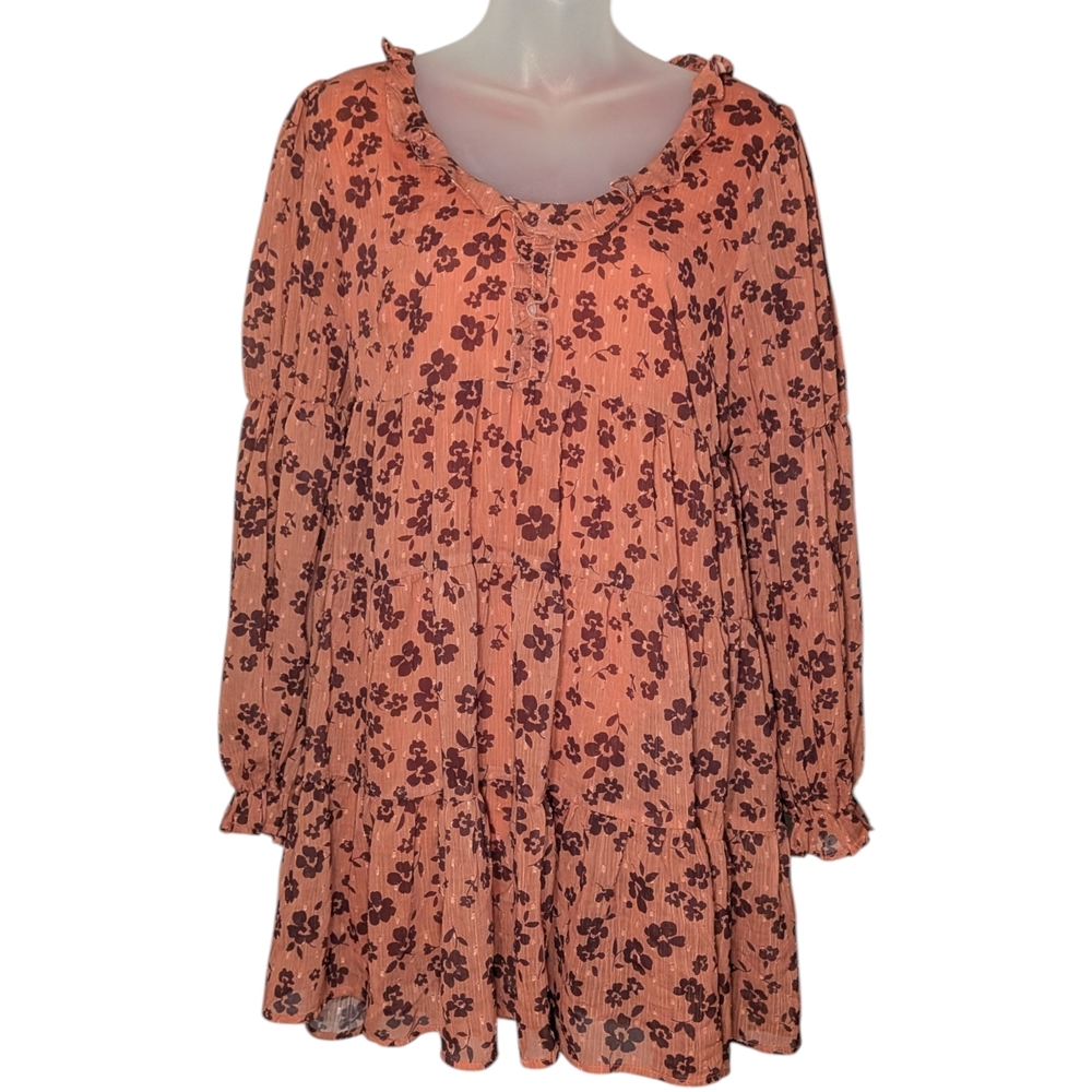Peach Love California Medium Babydoll Tiered Sheer Sleeve Ruffled Floral Dress